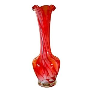Vintage Hand Blown Glass Red White Swirl  Art Glass Vase 6.5"